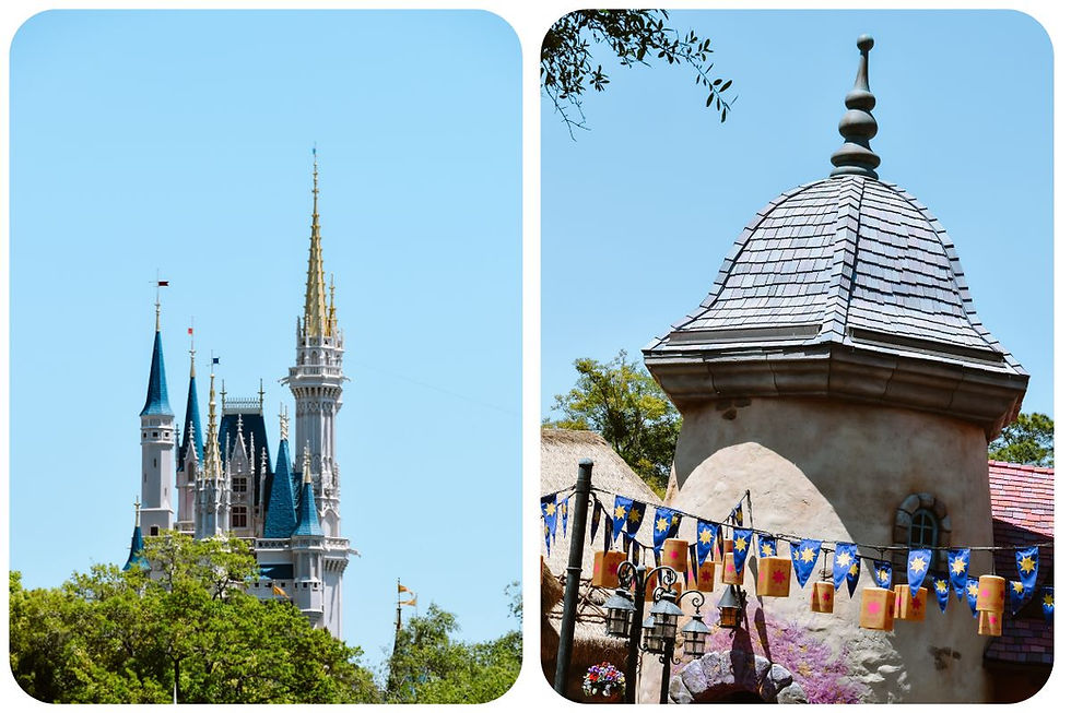 Magische sfeer in Magic Kingdom, Disney World Florida, met het iconische Cinderella Castle, attracties, parades en vrolijke bezoekers in een kleurrijke setting.