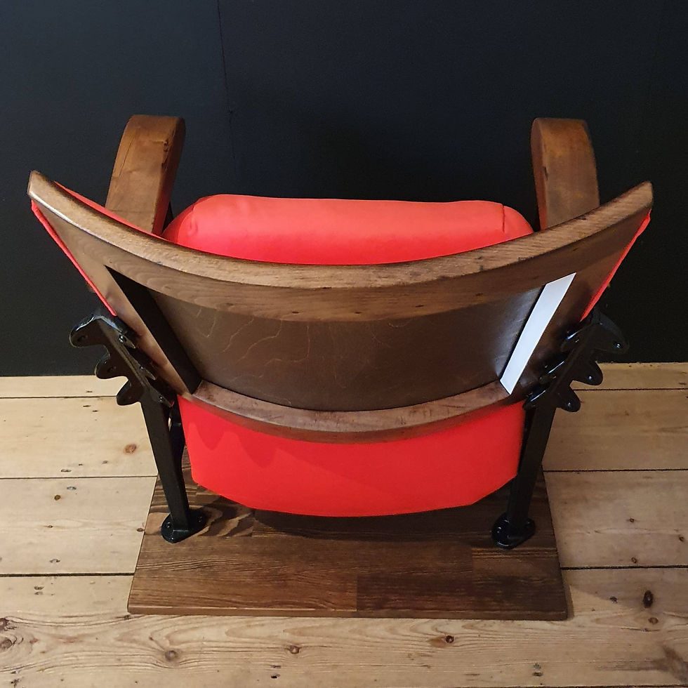 Thumbnail: Single vintage cinema seat in carmine fabric and hand painted stripe design from above
