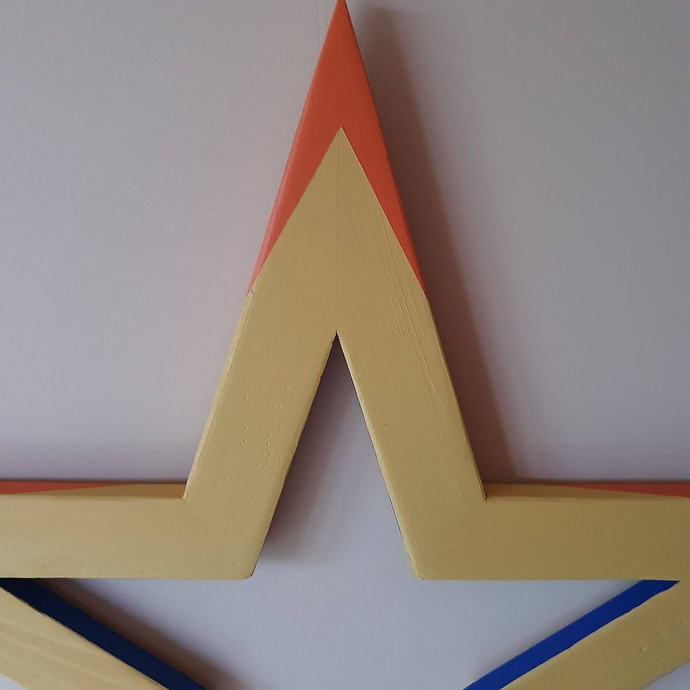 Thumbnail: Yellow orange and blue design painted wooden star close up