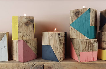 Painted geometric pattern reclaimed wooden cube candle holders