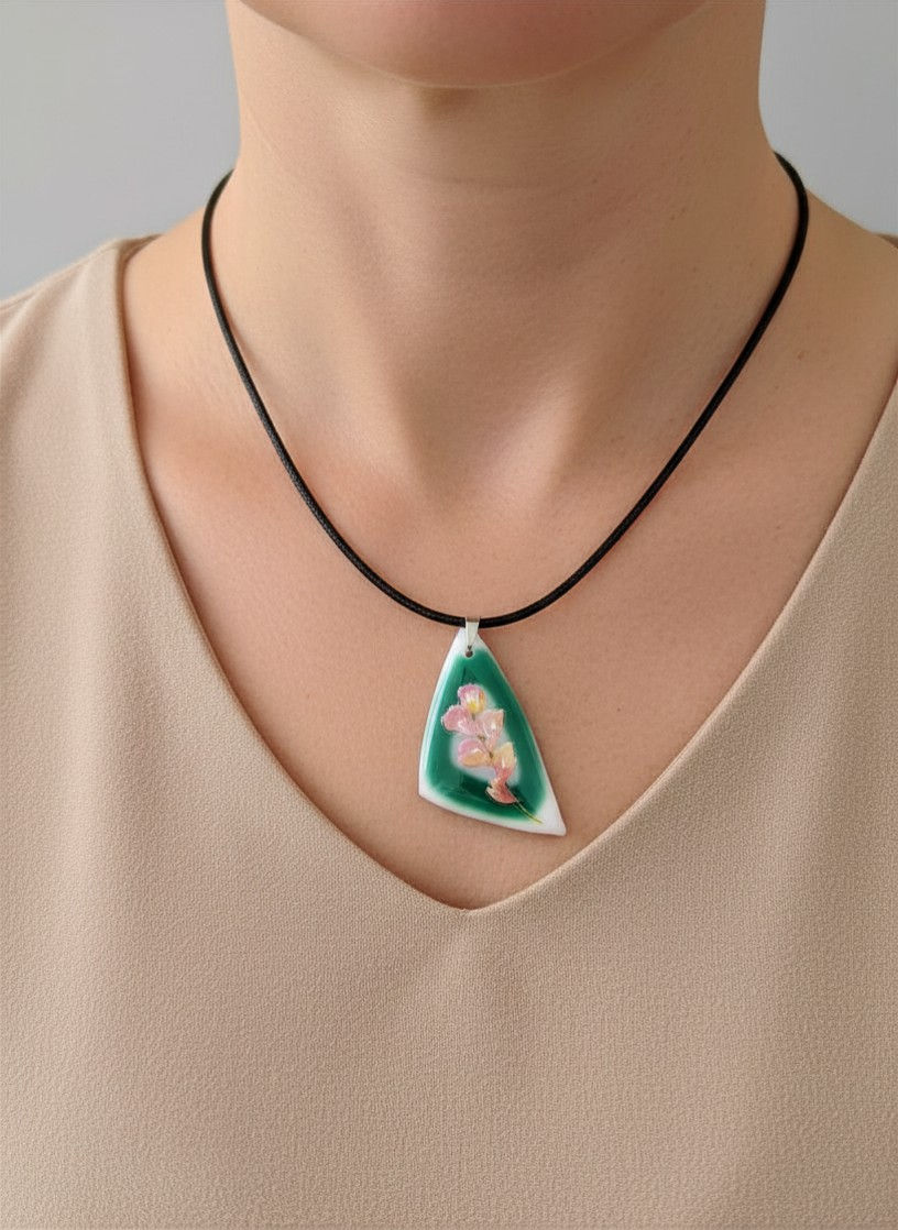 White and Green Glass Necklace With Pink Flower Design