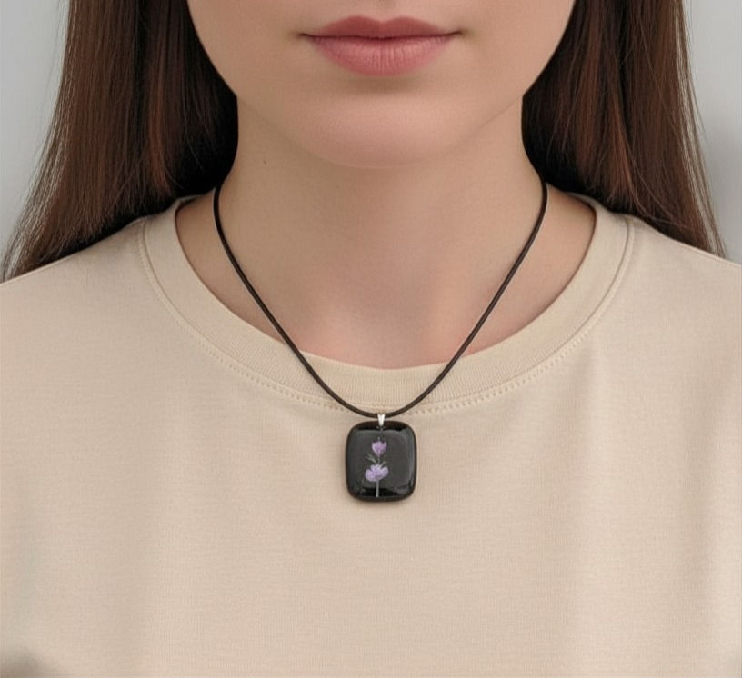 Black Fused Glass Necklace With A Pale Pink Flower