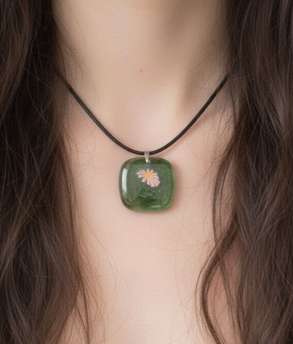 Sparkling Green Fused Glass Necklace With A Pale Pink Flower