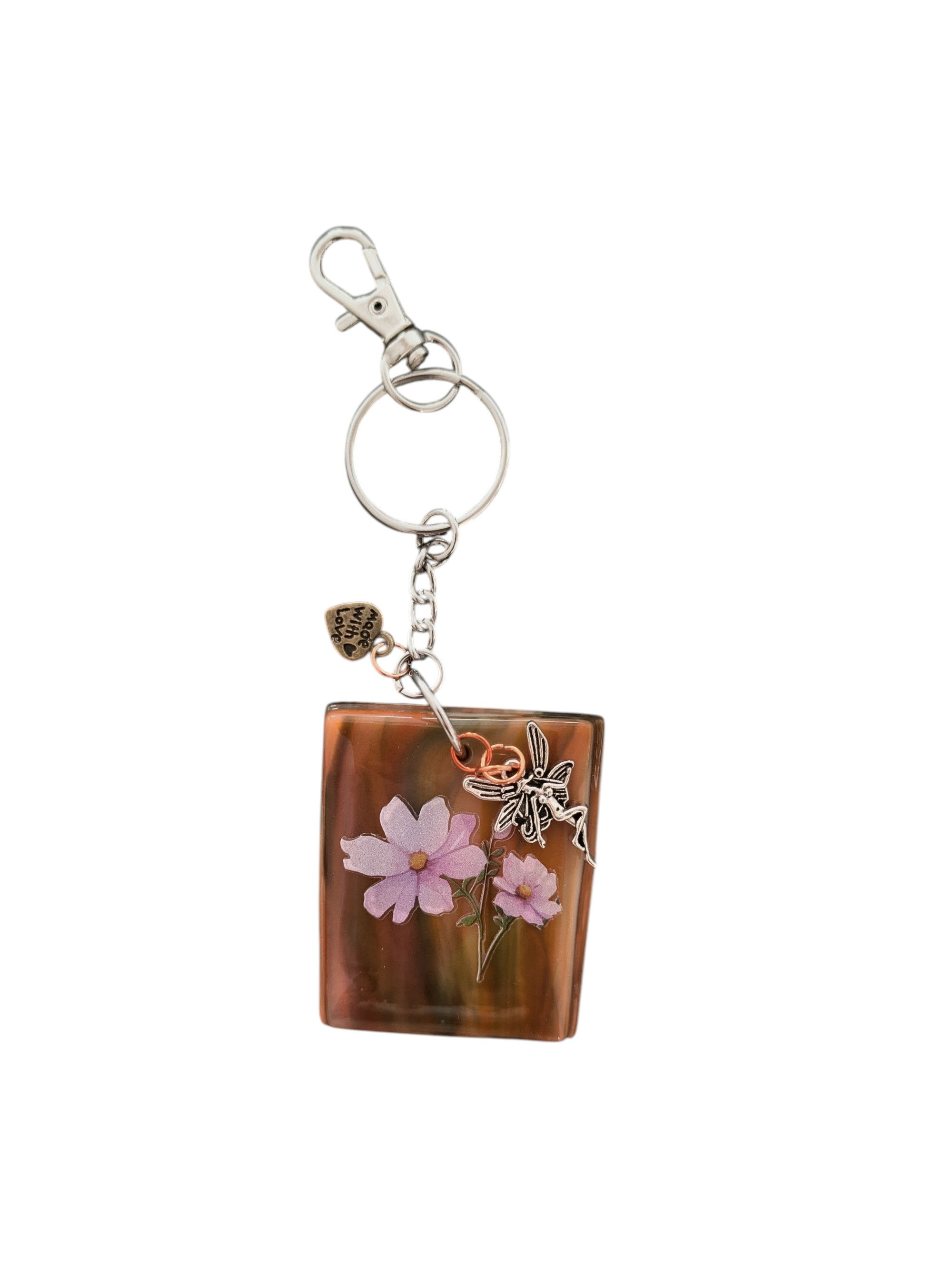 Decorative Glass Keyring with Pink Flowers and Charms