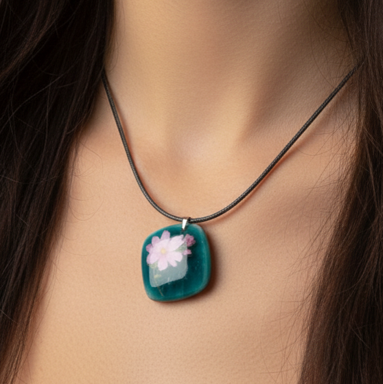Sparkling Turquoise Fused Glass Necklace With A Pale Pink Flower