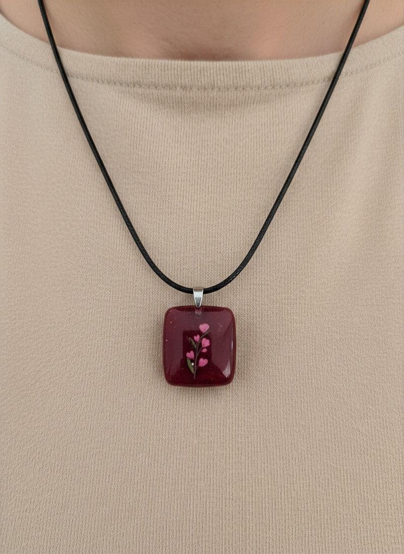 Red Fused Glass Necklace with Pink Flowers