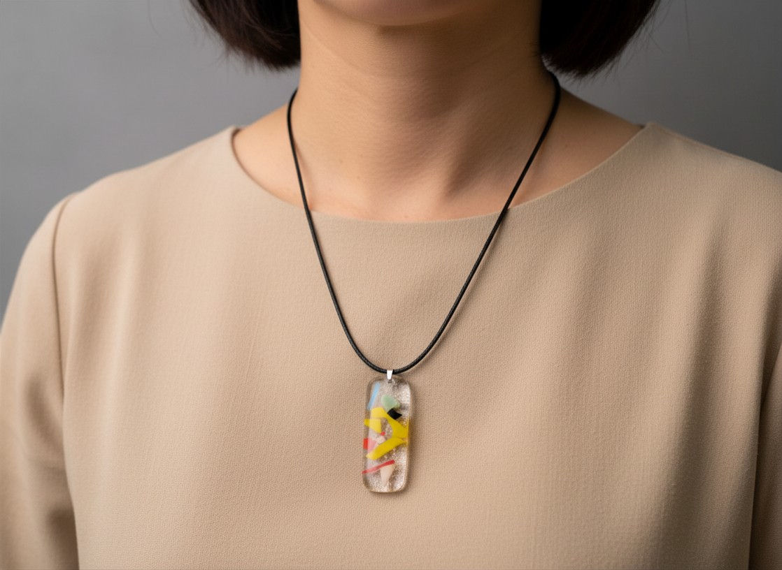 Colourful Geometric Shapes On Clear Fused Glass Necklace