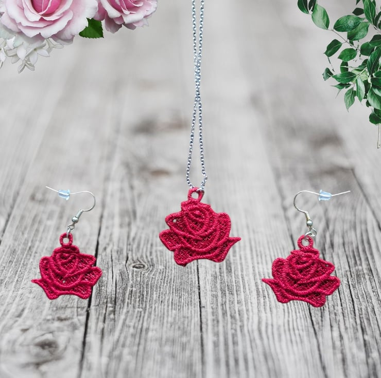 Red Roses Necklace & Earring Set