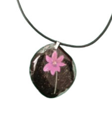 Black Fused Glass Necklace With A Pink Flower Motif