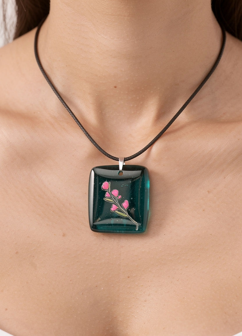 Turquoise Glass Necklace with Bright Pink Flowers