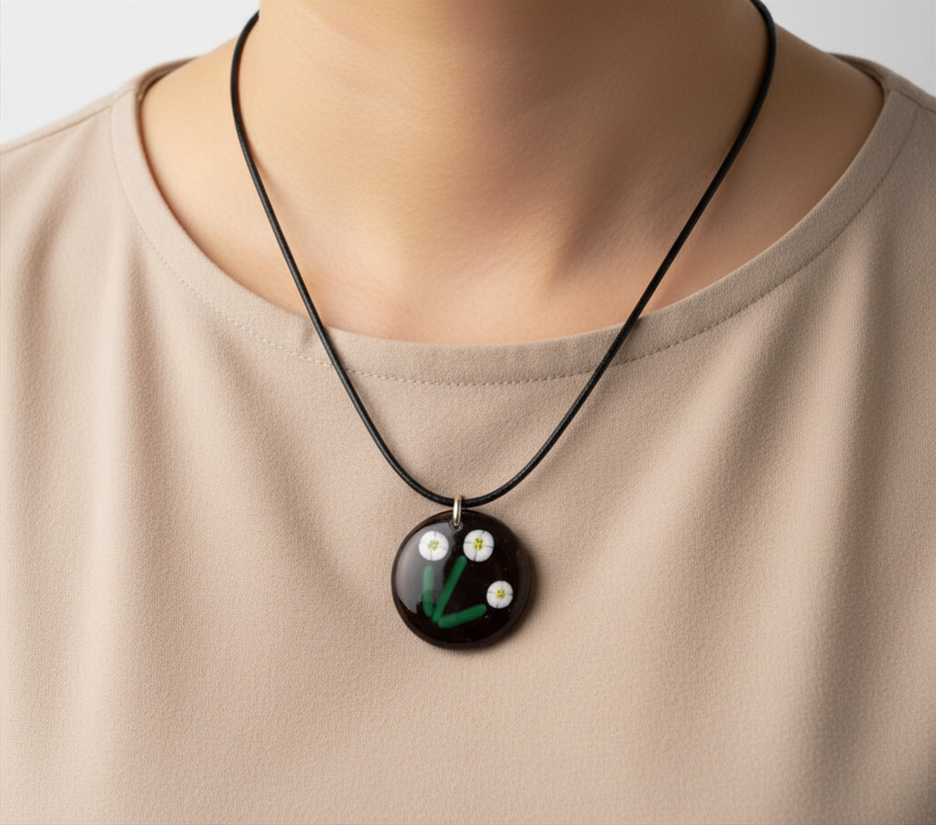 Black Fused Glass Necklace With Three Murrini Flowers