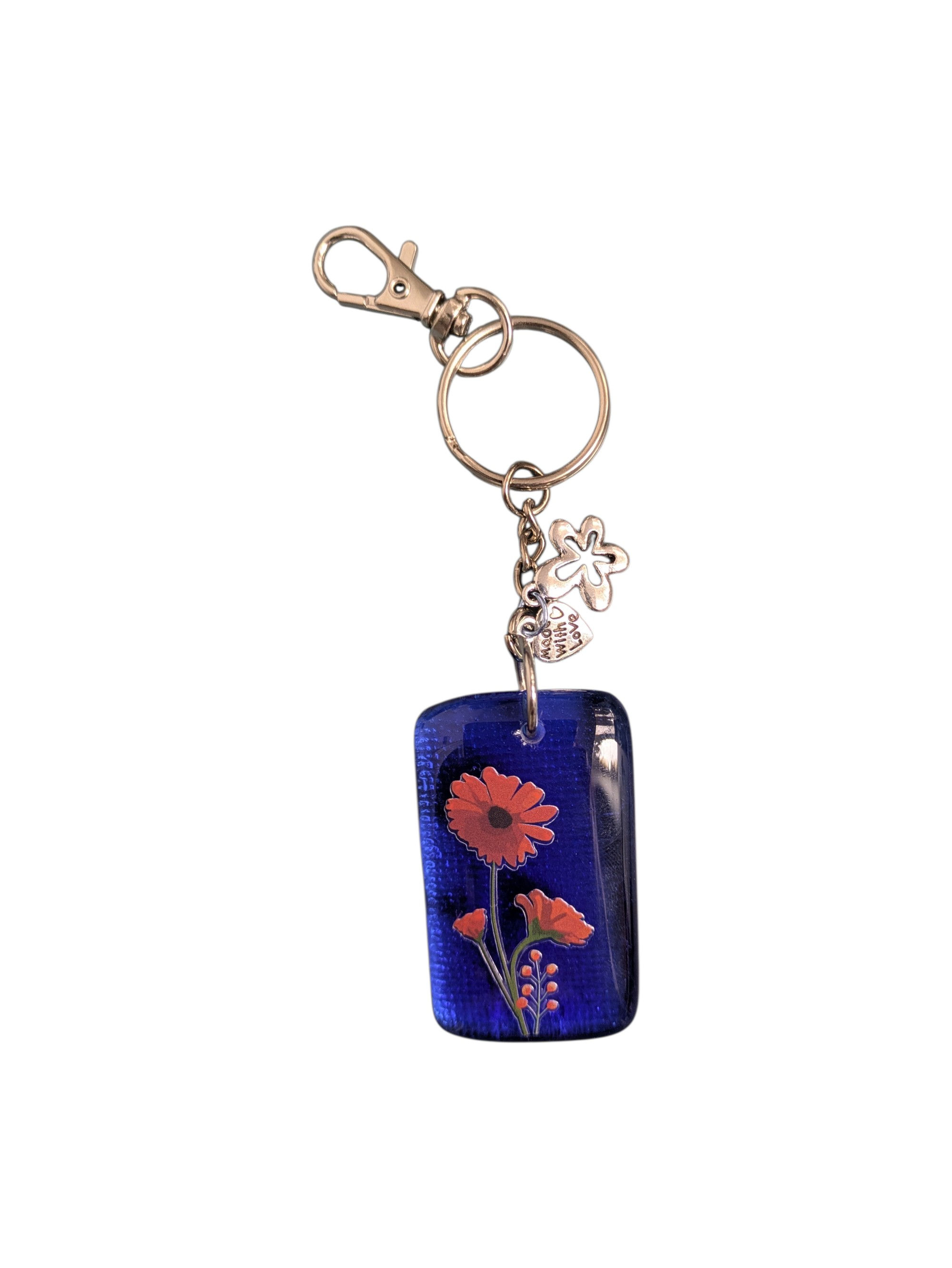 Blue Glass Keyring with Red Flowers and Charms
