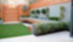 modern garden design london raised beds hardwood slatted screen trellis fence fake grass flaoting be