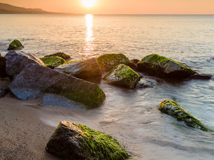 Pôr do sol sobre mar calmo, com pedras cobertas de algas na praia e luz dourada refletida na água.