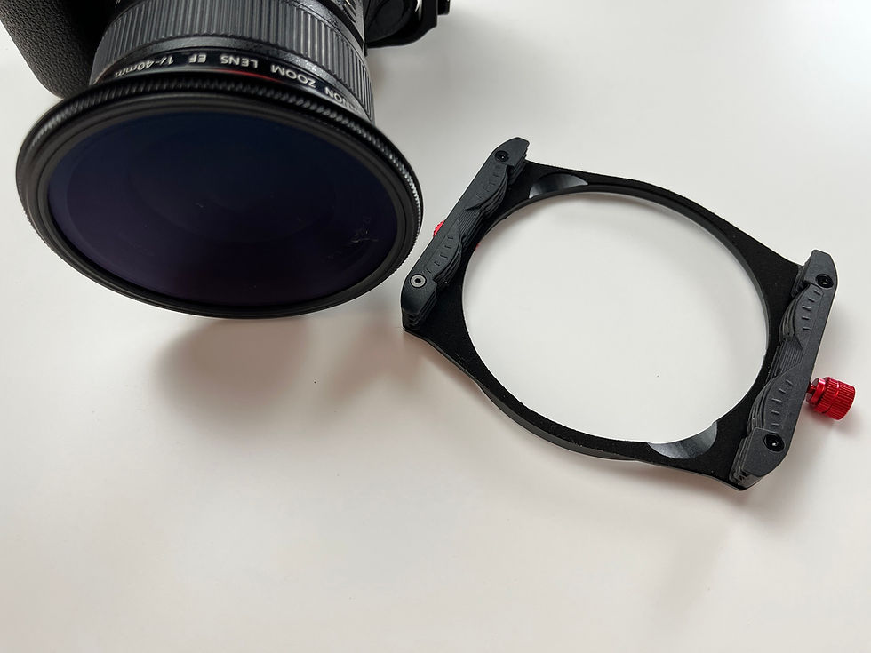 Lente Canon Zoom EF 17-40mm ao lado de um suporte de filtro preto com ajuste vermelho sobre fundo branco.