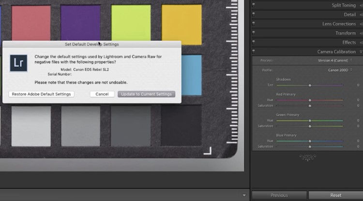 Janela do Lightroom para definir padrões sobre carta de cores, com painéis de calibração e ajustes à direita.