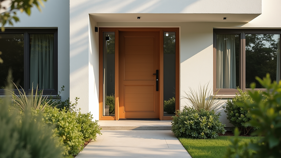 Eye-level view of a modern front door installed on a suburban home