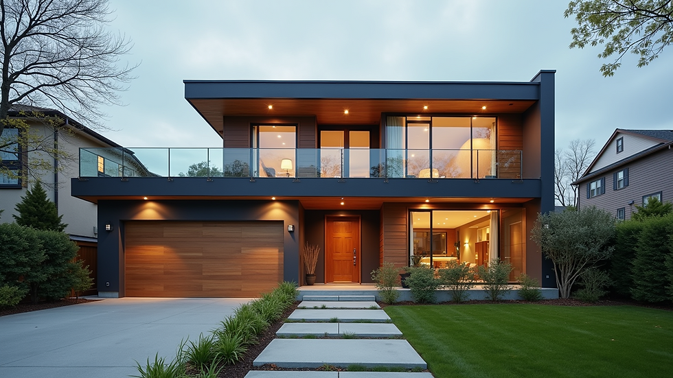 Eye-level view of a modern home with stylish windows and doors