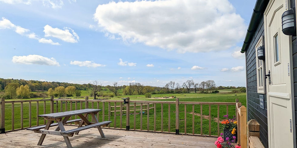 Pear Tree Cottage Shepherds Hut and picnic bench, from the decked area at the front of the hut.-BringYourHorseOnHoliday4.jpg