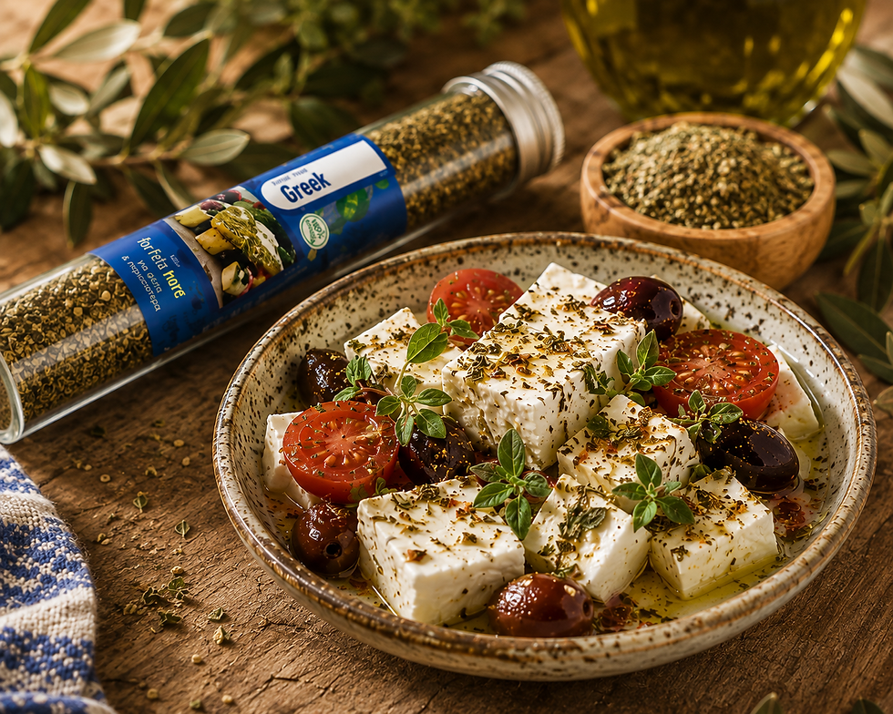 Griechische Kräutermischung für Feta auf Feta mit Tomaten, Oliven und Olivenöl