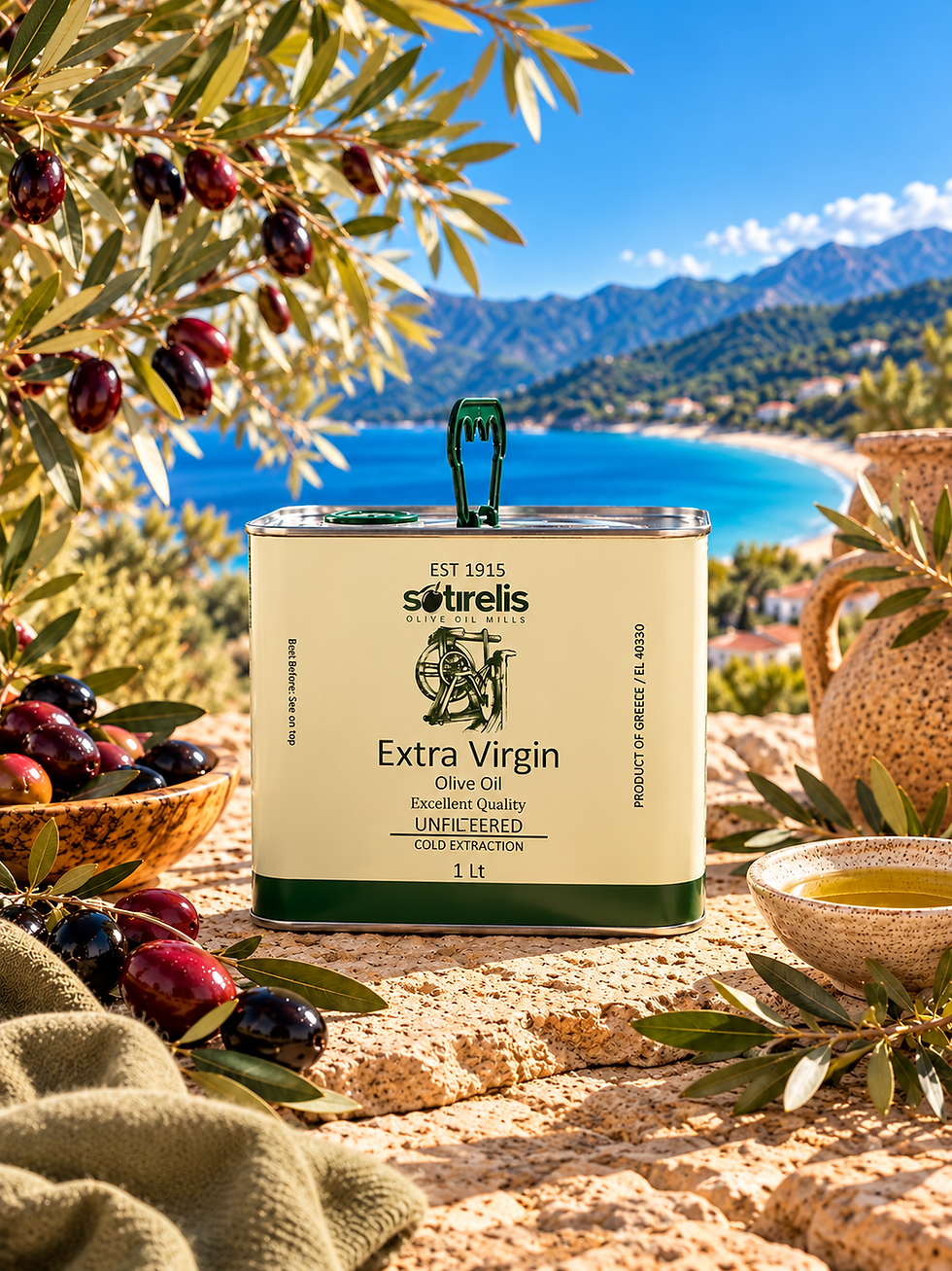Sotirelis natives Olivenöl extra 1 Liter aus Thasos vor Golden Beach mit reifen Oliven und Olivenzweigen
