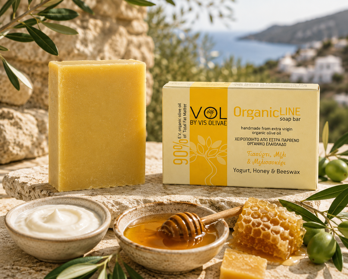Bio-Seife mit Joghurt, Honig und Bienenwachs mit Olivenöl für trockene Haut