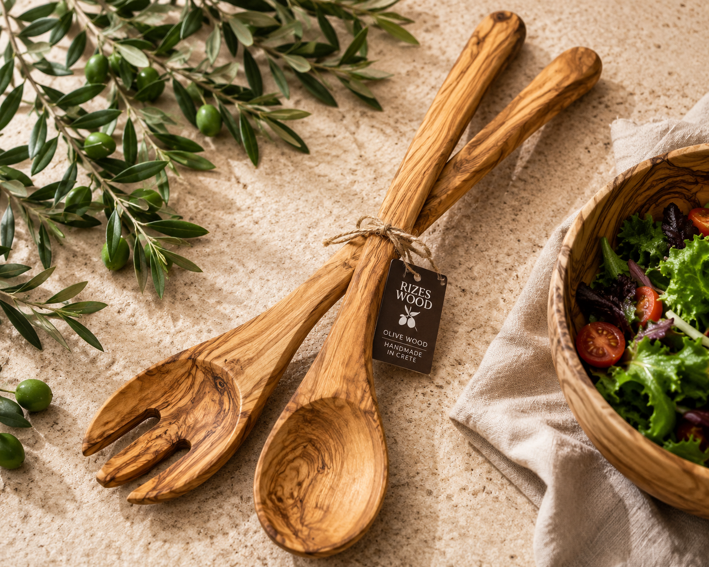 Langes Salatbesteck aus Olivenbaumwurzel von RIZES WOOD Kreta