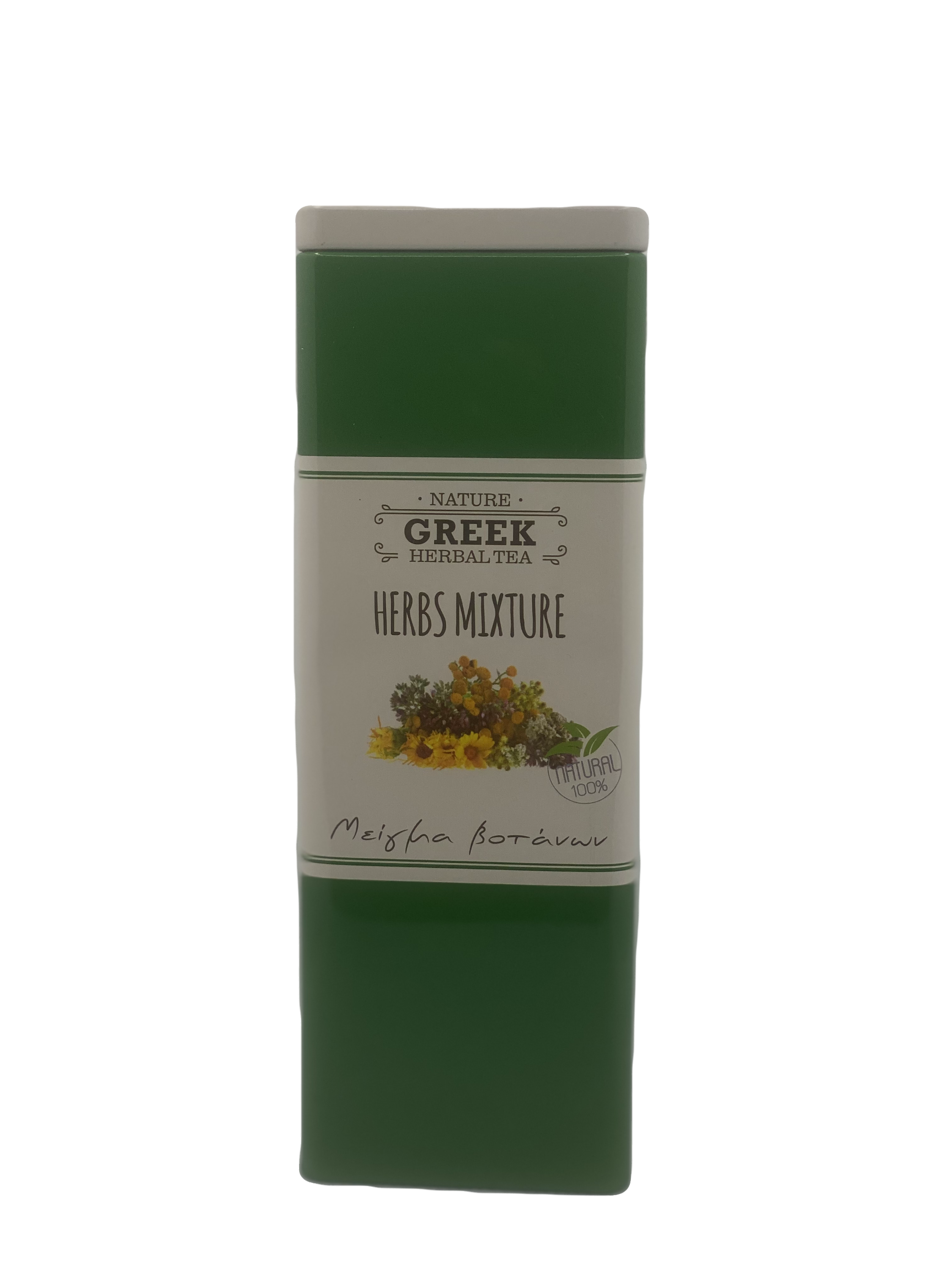 Dreieckige grüne Metalldose mit Kräuterteemischung