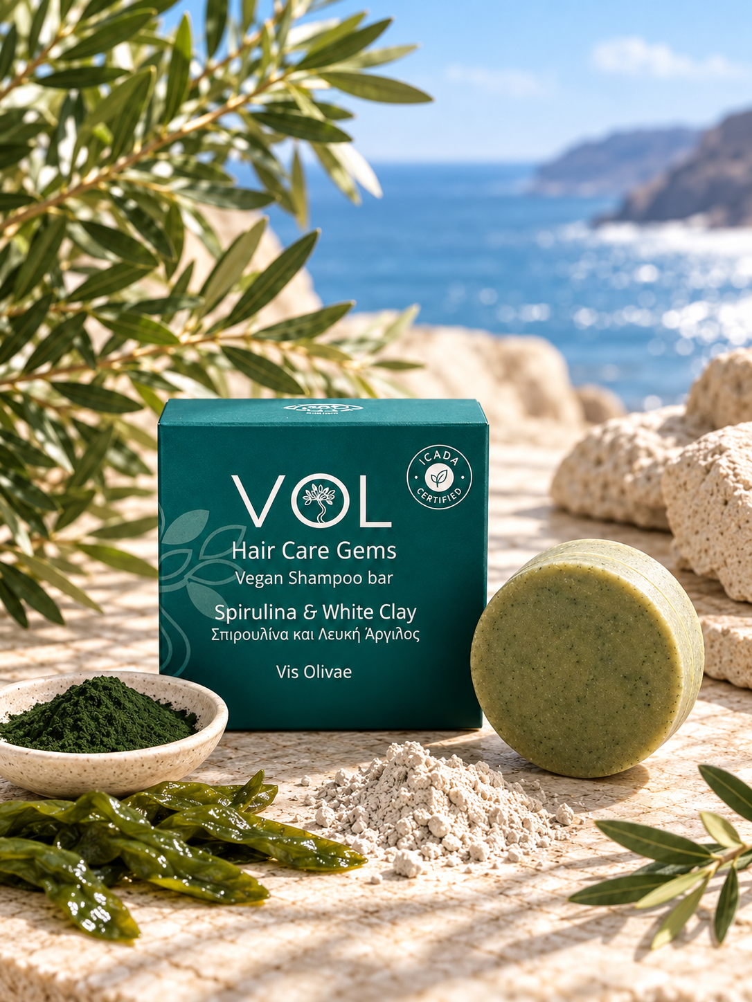 Festes Shampoo mit Spirulina und weißem Ton von VOL Natural Care mit Spirulina und Olivenöl