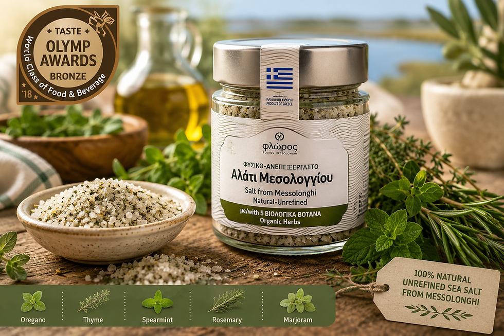 Floros naturbelassenes Meersalz mit 5 Bio-Kräutern aus Messolonghi