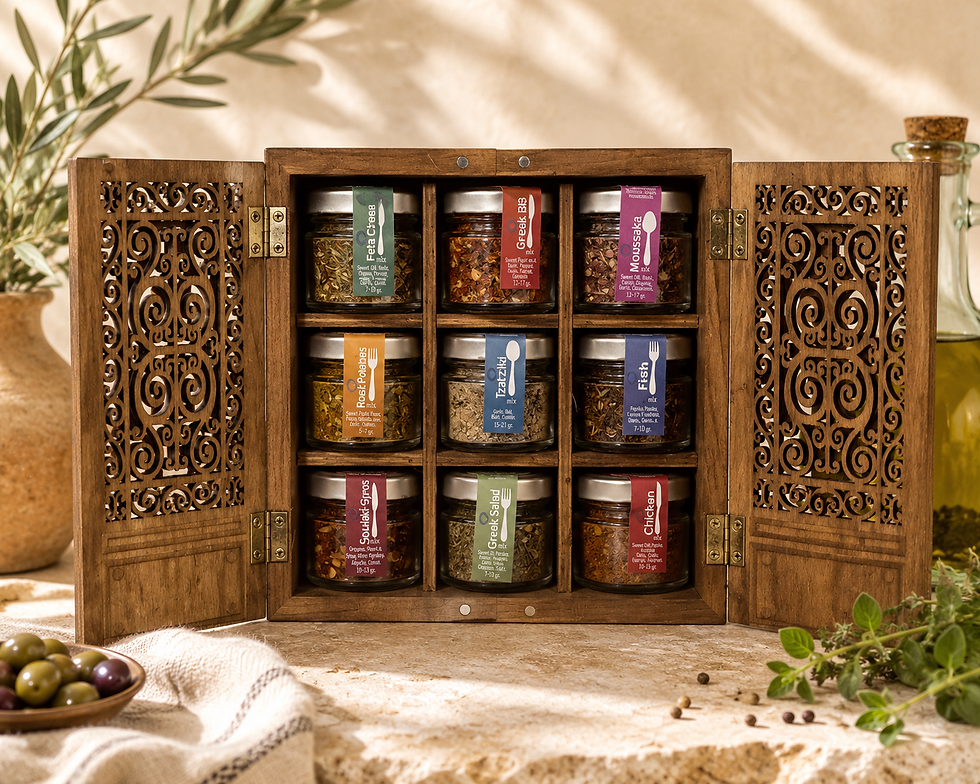 Griechisches Gewürz-Geschenkset mit 9 Gewürzmischungen im dekorativen Ornament-Holzschränkchen
