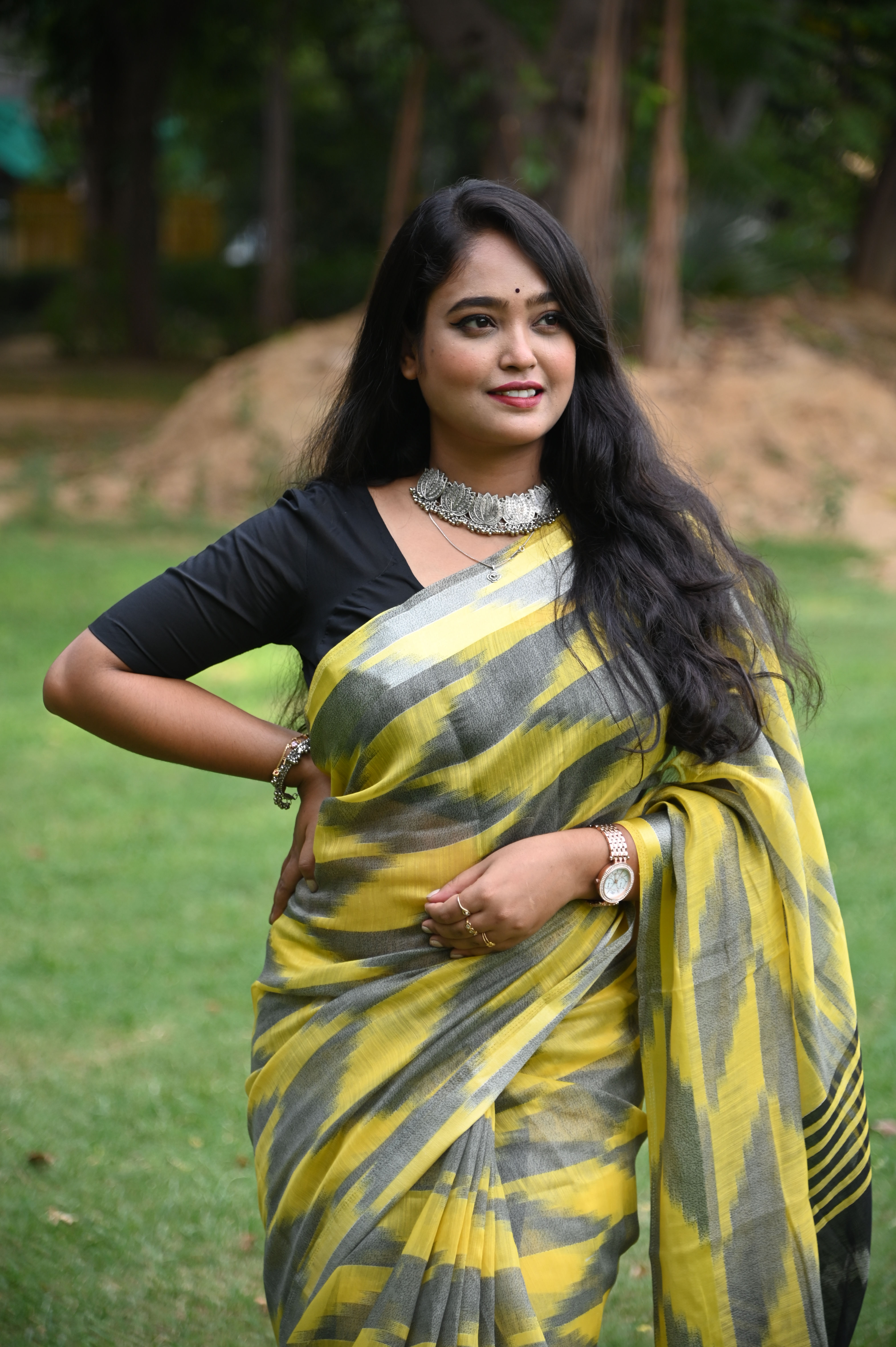 Yellow Grey Silk Saree
