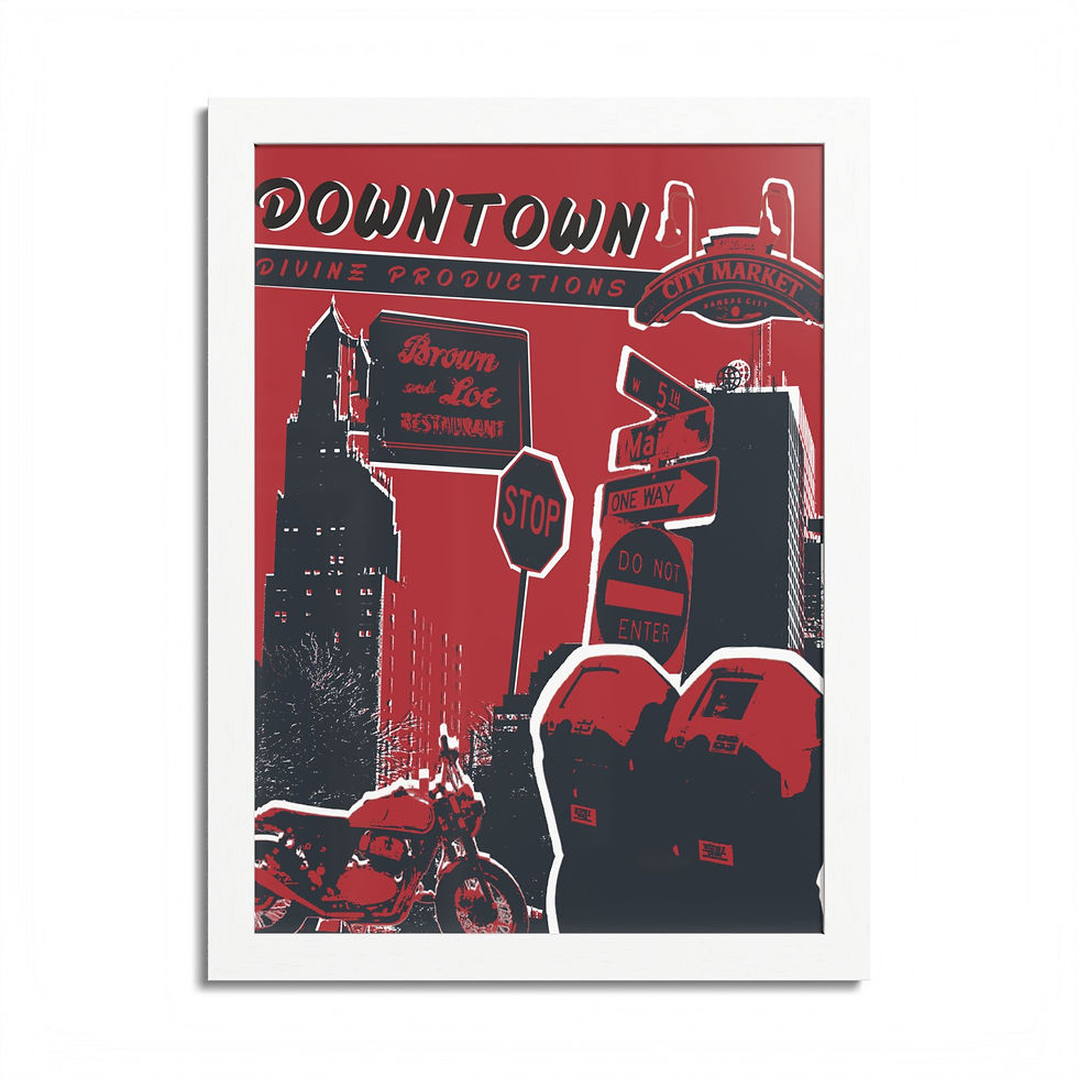 Thumbnail: Downtown Vintage City Poster — Framed Red Retro Street Art Print