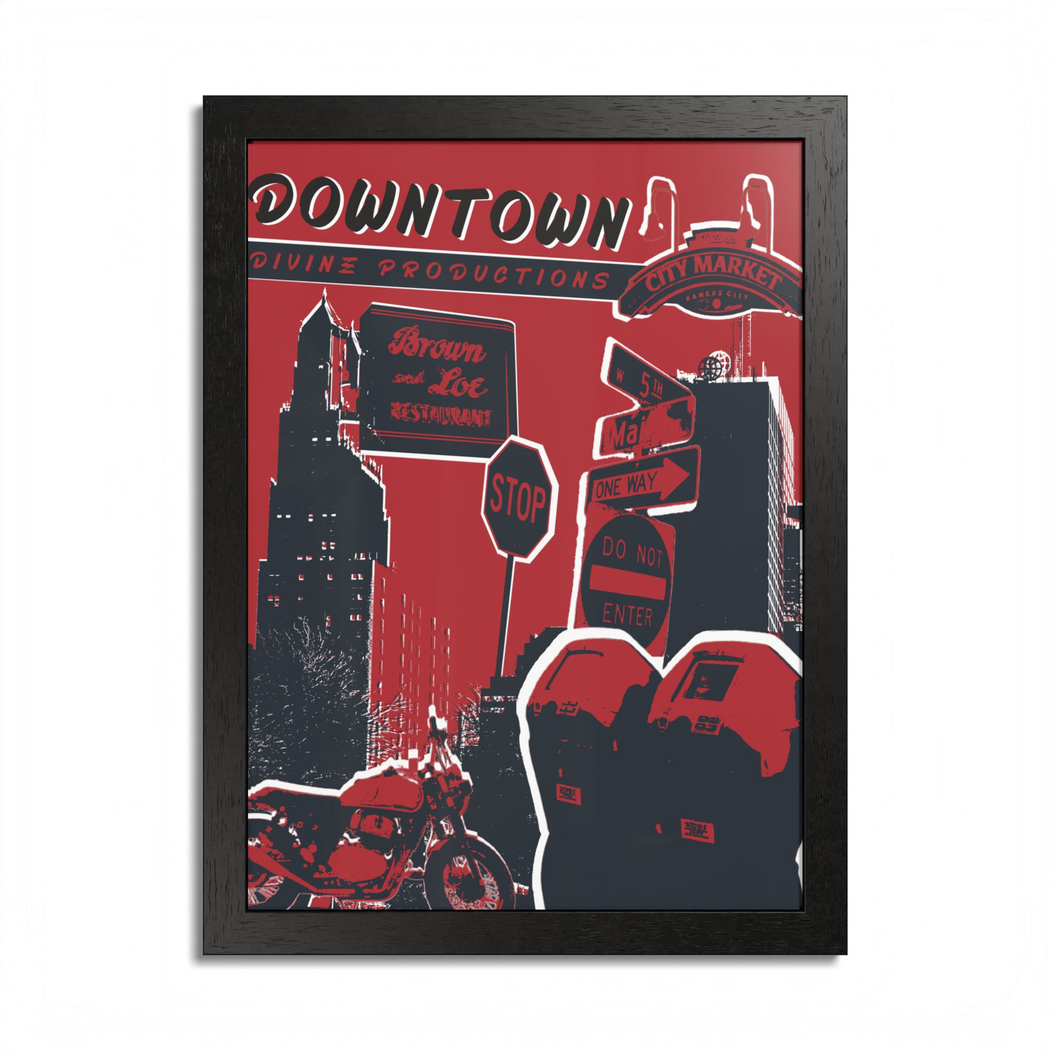 Downtown Vintage City Poster — Framed Red Retro Street Art Print