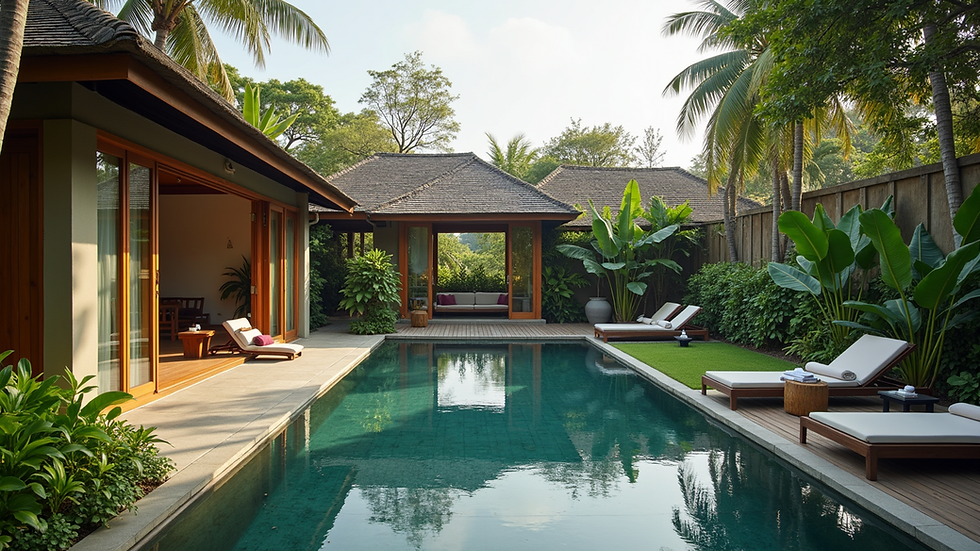 Wide angle view of a serene yoga retreat in Bali