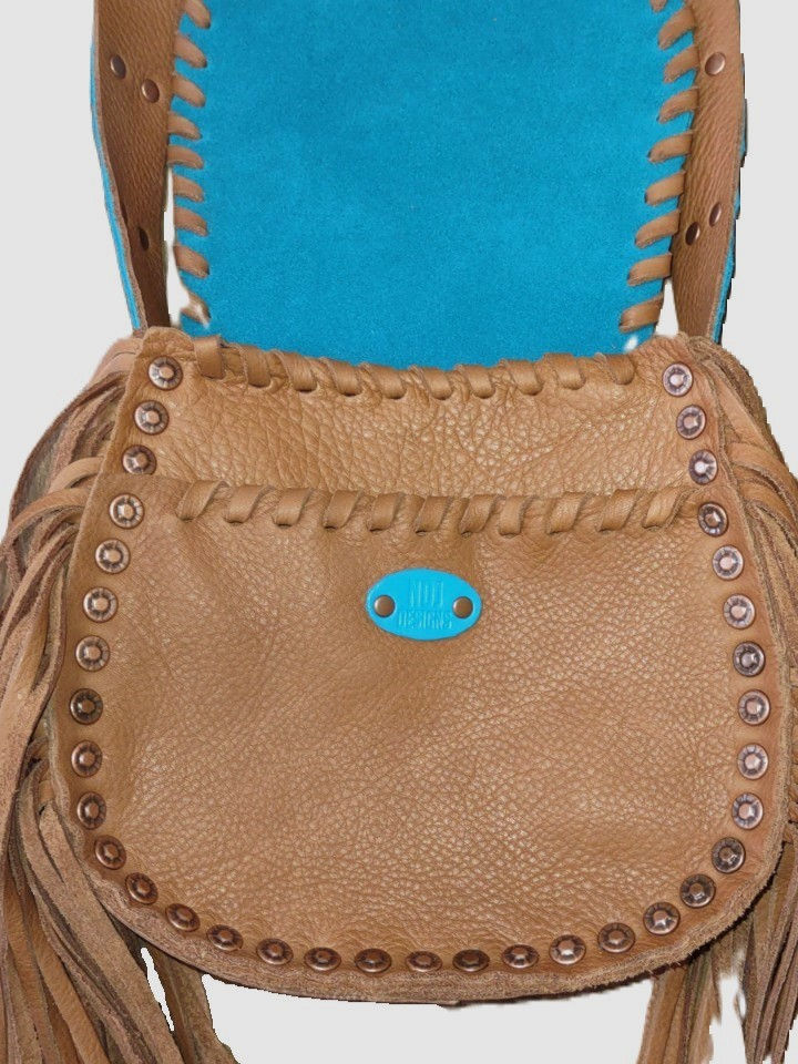 Thumbnail: Saddle brown soft deertan leather body, turquoise & sparkle copper leather flap
