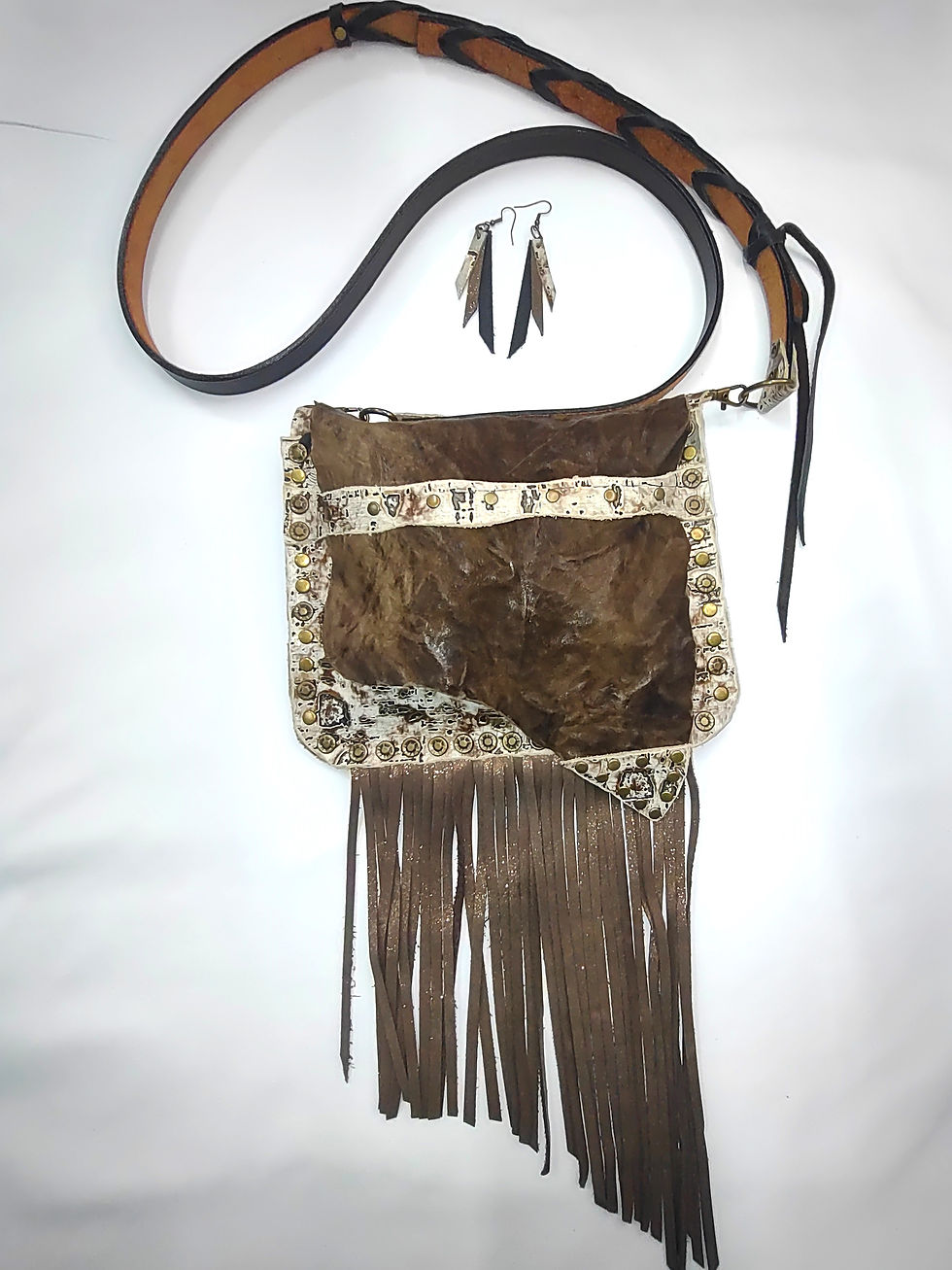 Thumbnail: Beige, gold and brown stone print leather body, crinkled soft brown leather flap