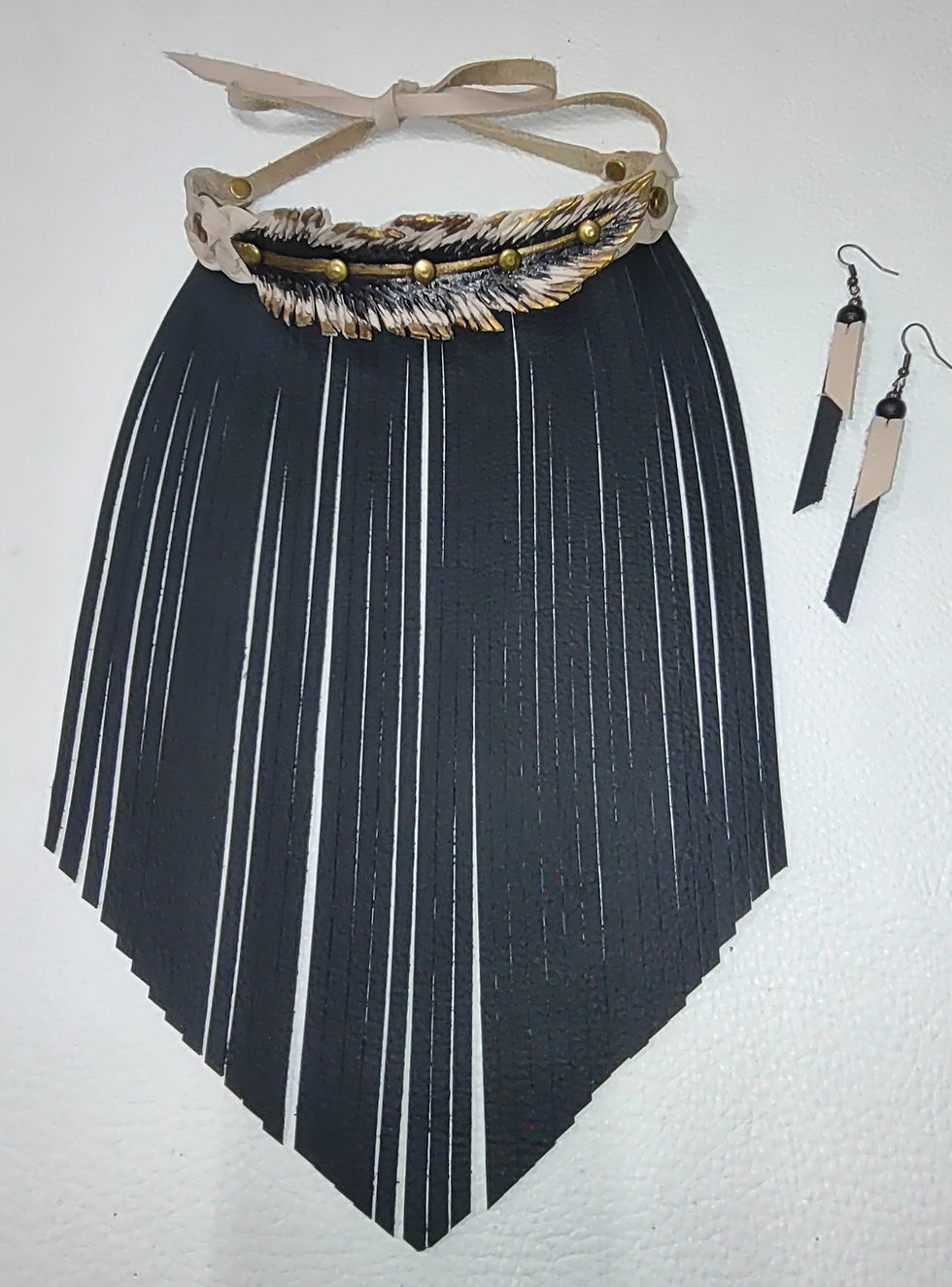 Thumbnail: Black Cream and Gold Hand Carved Leather Feather Fringe Choker