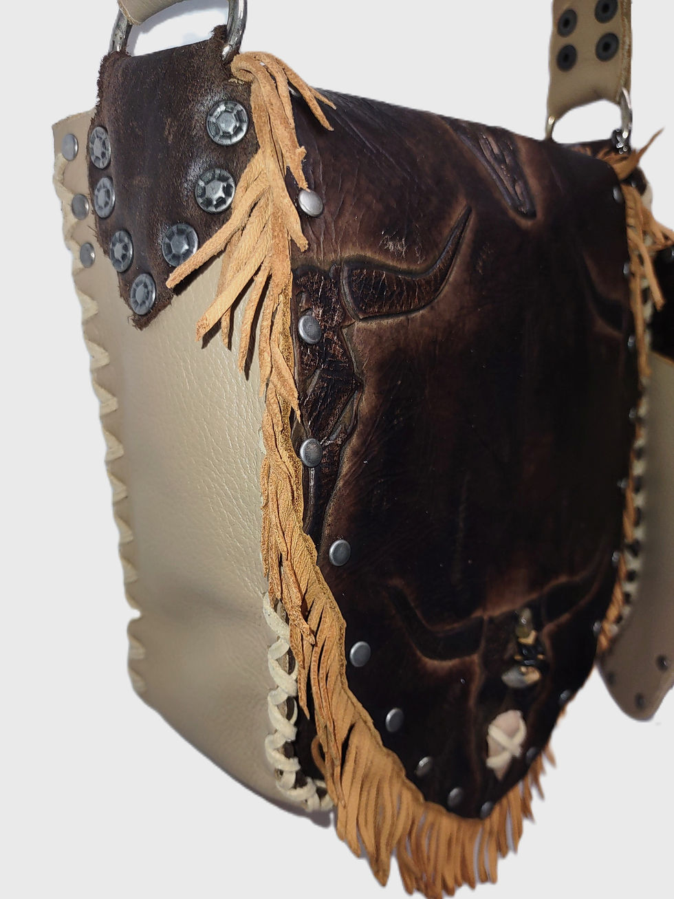 Thumbnail: Dark brown, tan, longhorn print leather, front pocket, adjustable strap