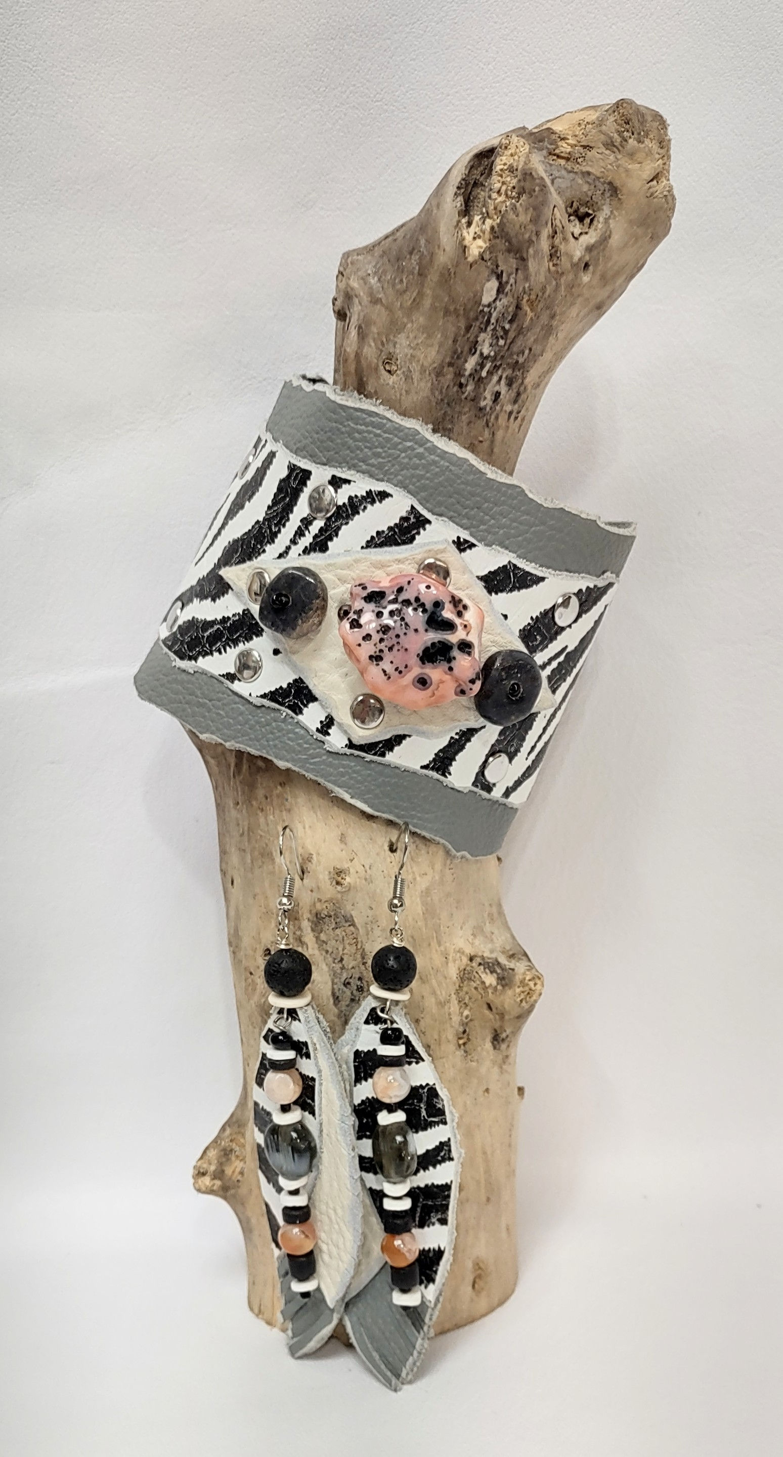 Safari zebra print leather, pink Rhodochrosite gemstones, cuff set