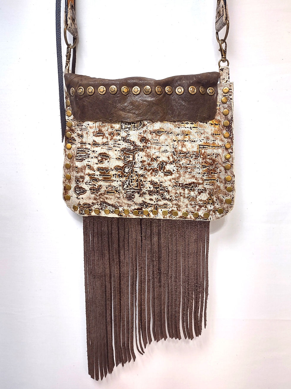 Thumbnail: Beige, gold and brown stone print leather body, crinkled soft brown leather flap