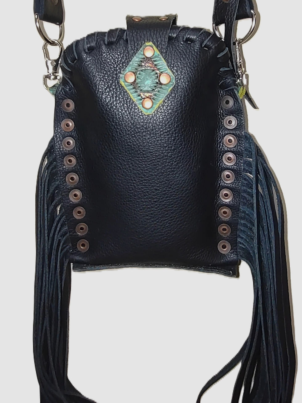 Thumbnail: Soft black deertan leather, lime & green SW print leather, 10" side fringe