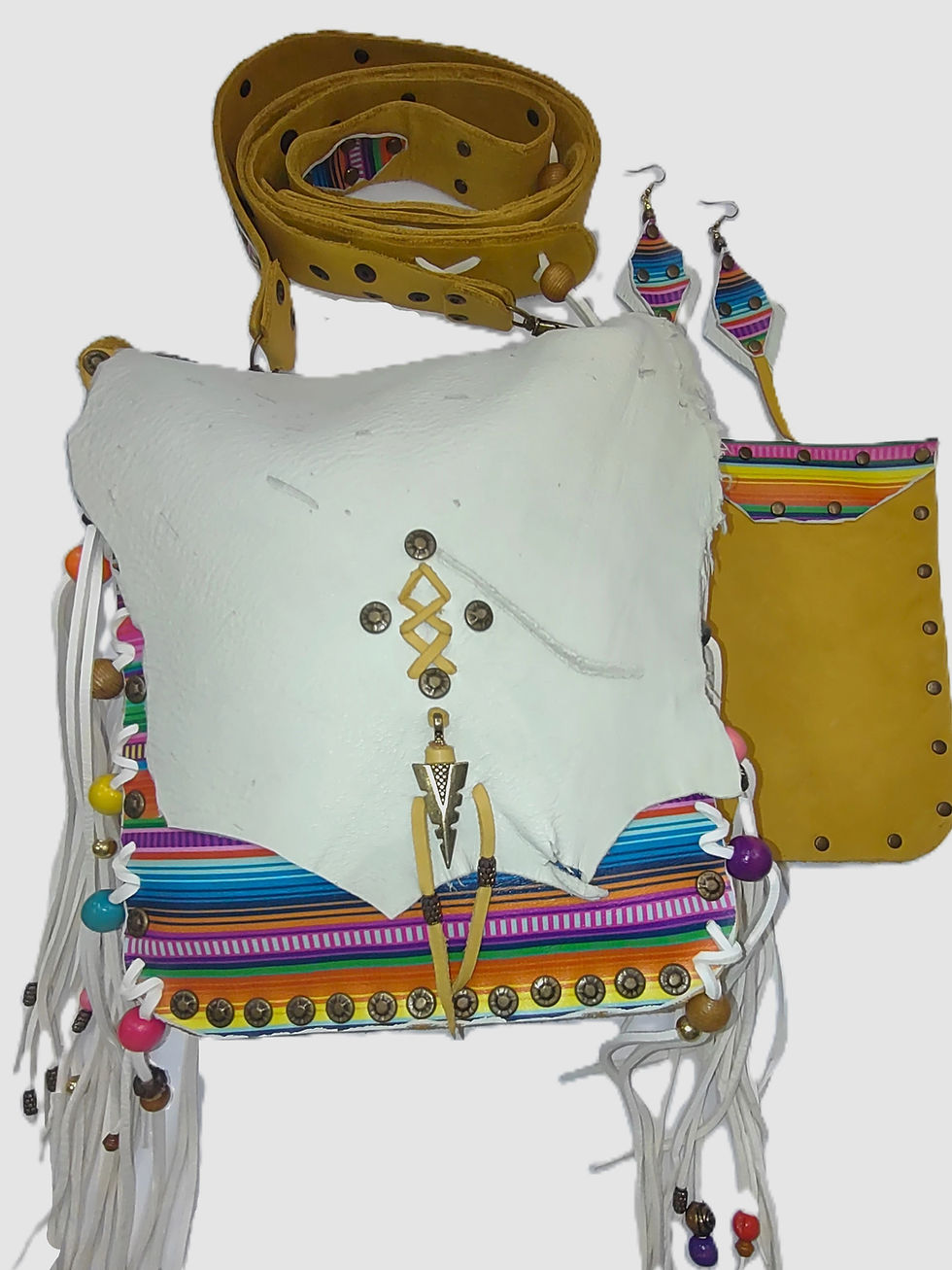 Thumbnail: Serape print, white soft and yellow deertan leather, silver plate arrow charm.