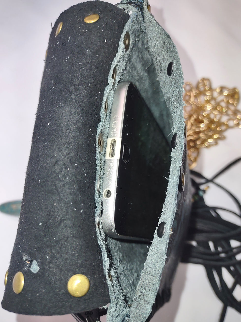 Thumbnail: Teal & black paisley embossed leather, turquoise jasper stone, black 10" fringe