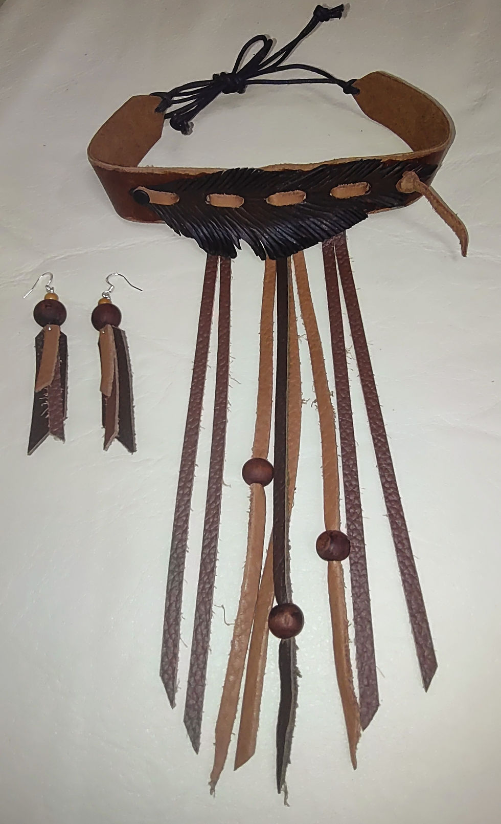 Thumbnail: Dark Brown Hand Carved Leather Feather Fringe Choker