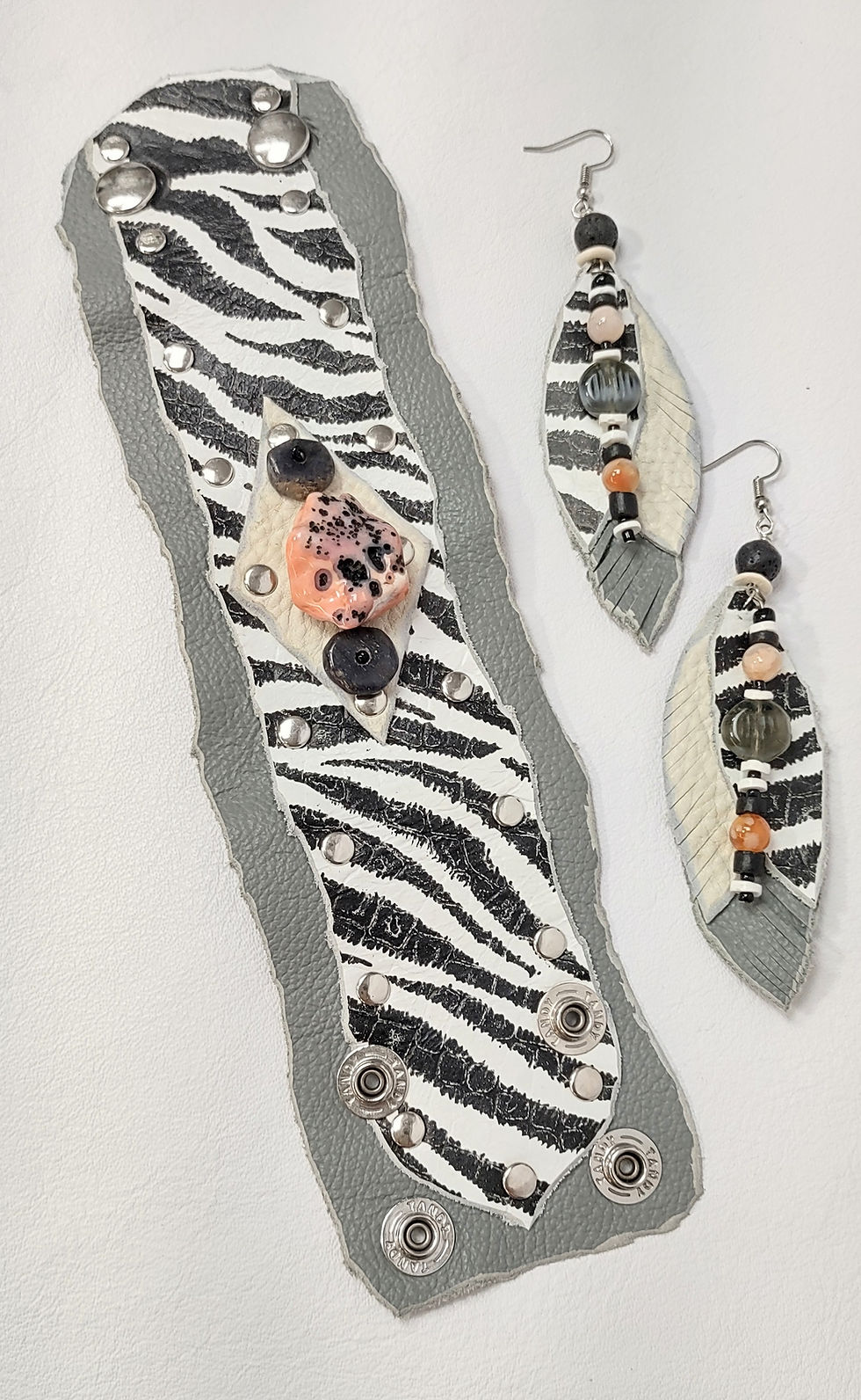 Thumbnail: Safari zebra print leather, pink Rhodochrosite gemstones, cuff set