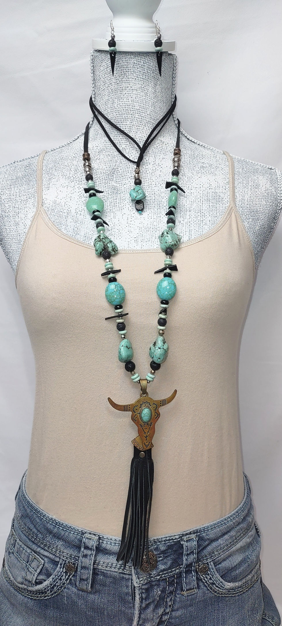 Thumbnail: Longhorn medallion, black tassel with turquosie beads, adjustable, black choker