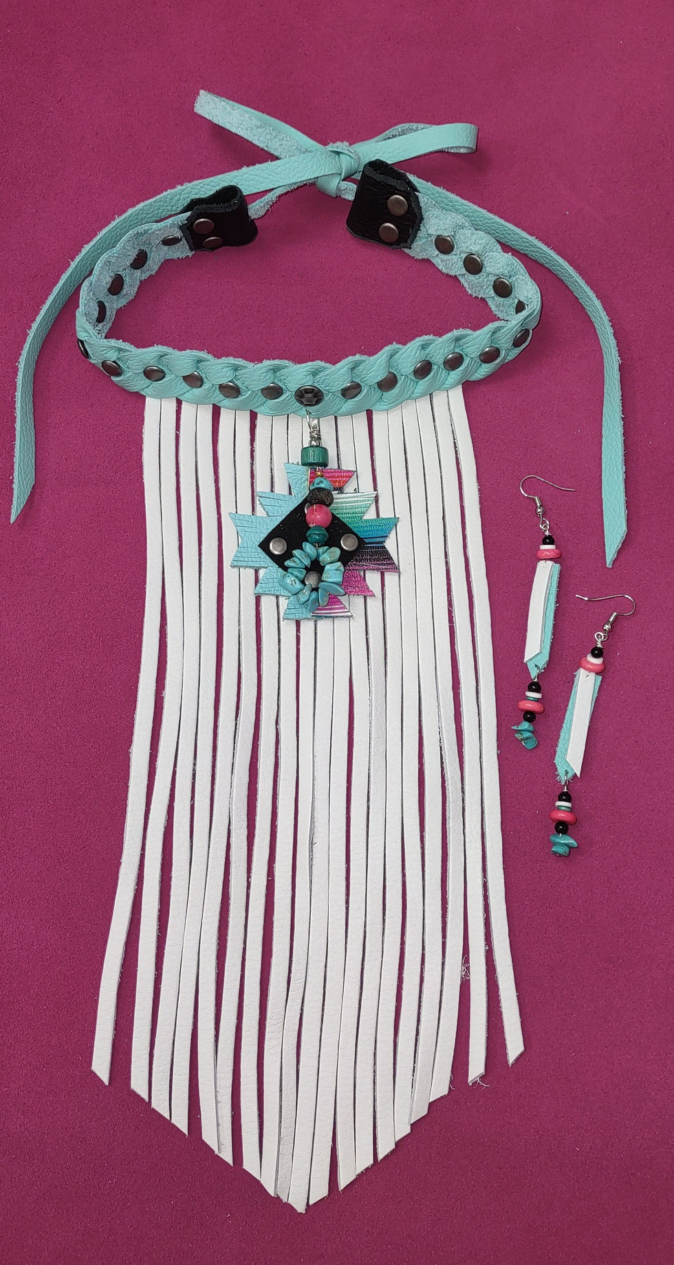 Thumbnail: Llight turquoise braided leather, white fringe, ,  black tassel, aztec Choker