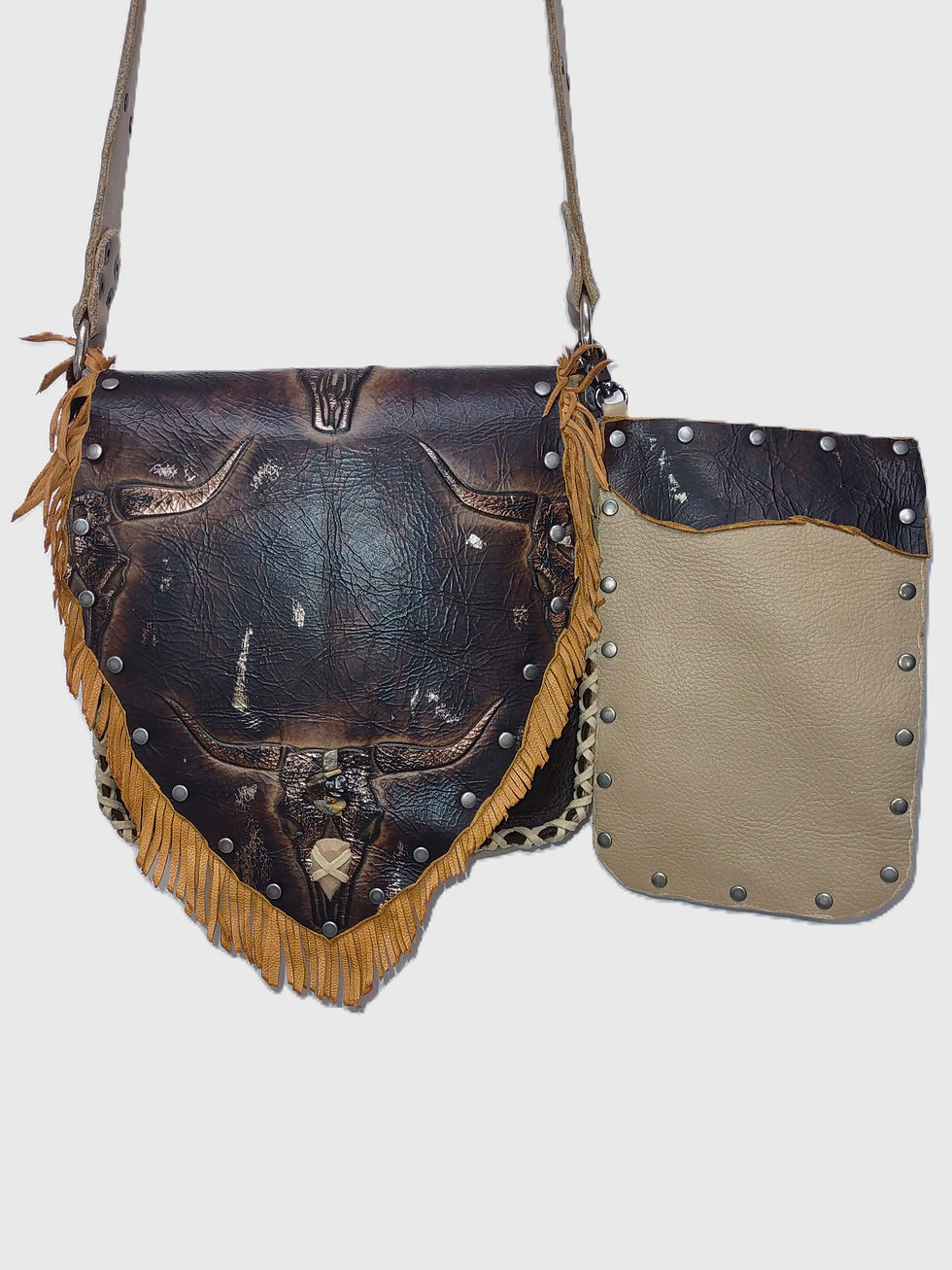 Thumbnail: Dark brown, tan, longhorn print leather, front pocket, adjustable strap