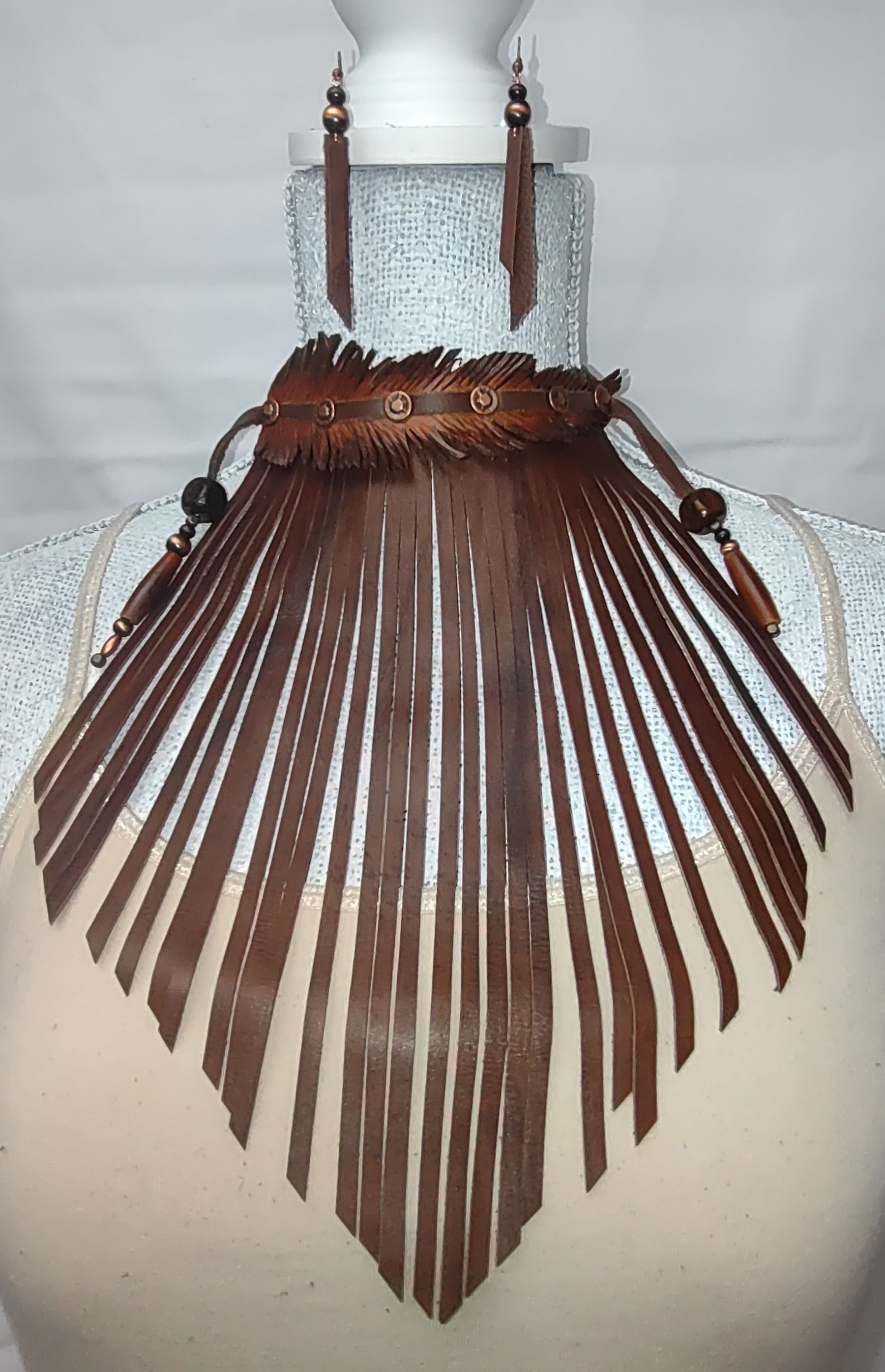 Brown and Copper Handed Carved Leather Feather Fringe Choker